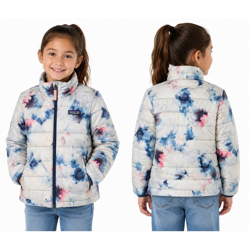 Patagonia Kids Down Sweater Jacket M 10 Watercolor Floral Blue Pink Puffer Coat